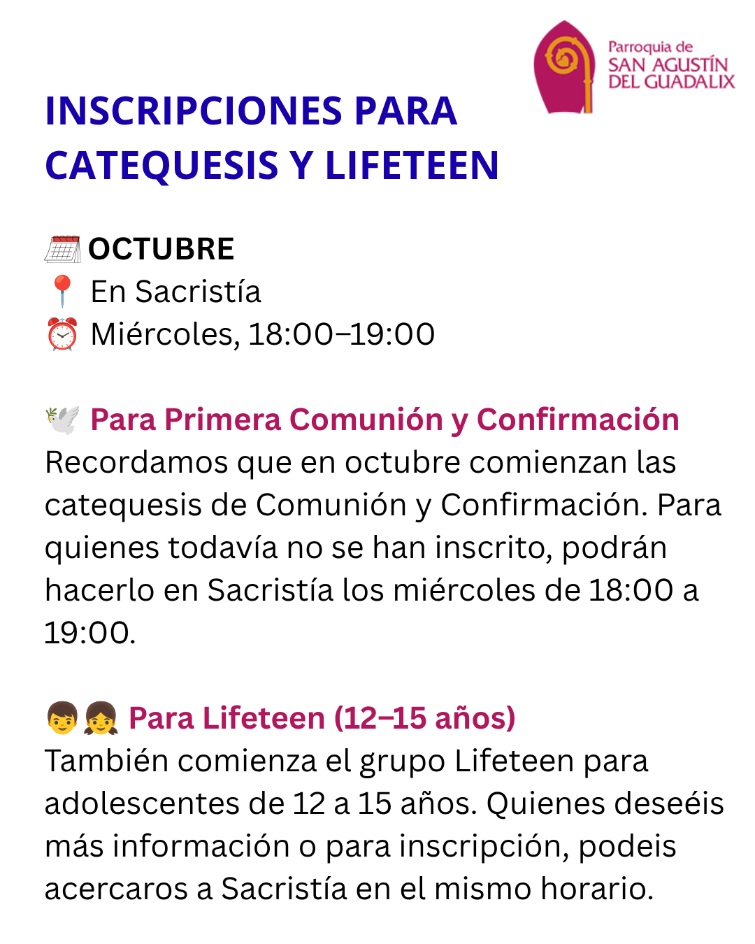 INSCRIPCIONES DURANTE EL MES DE OCTUBRE PARA CATEQUESIS Y LIFETEEN