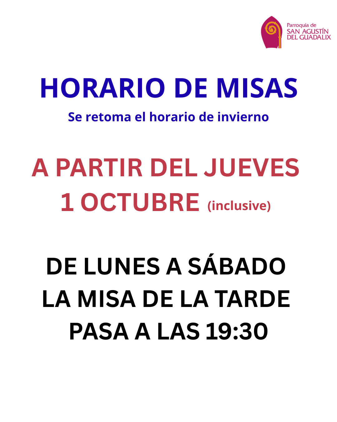 EL 1 DE OCTUBRE EMPIEZA EL HORARIO DE INVIERNO DE MISAS