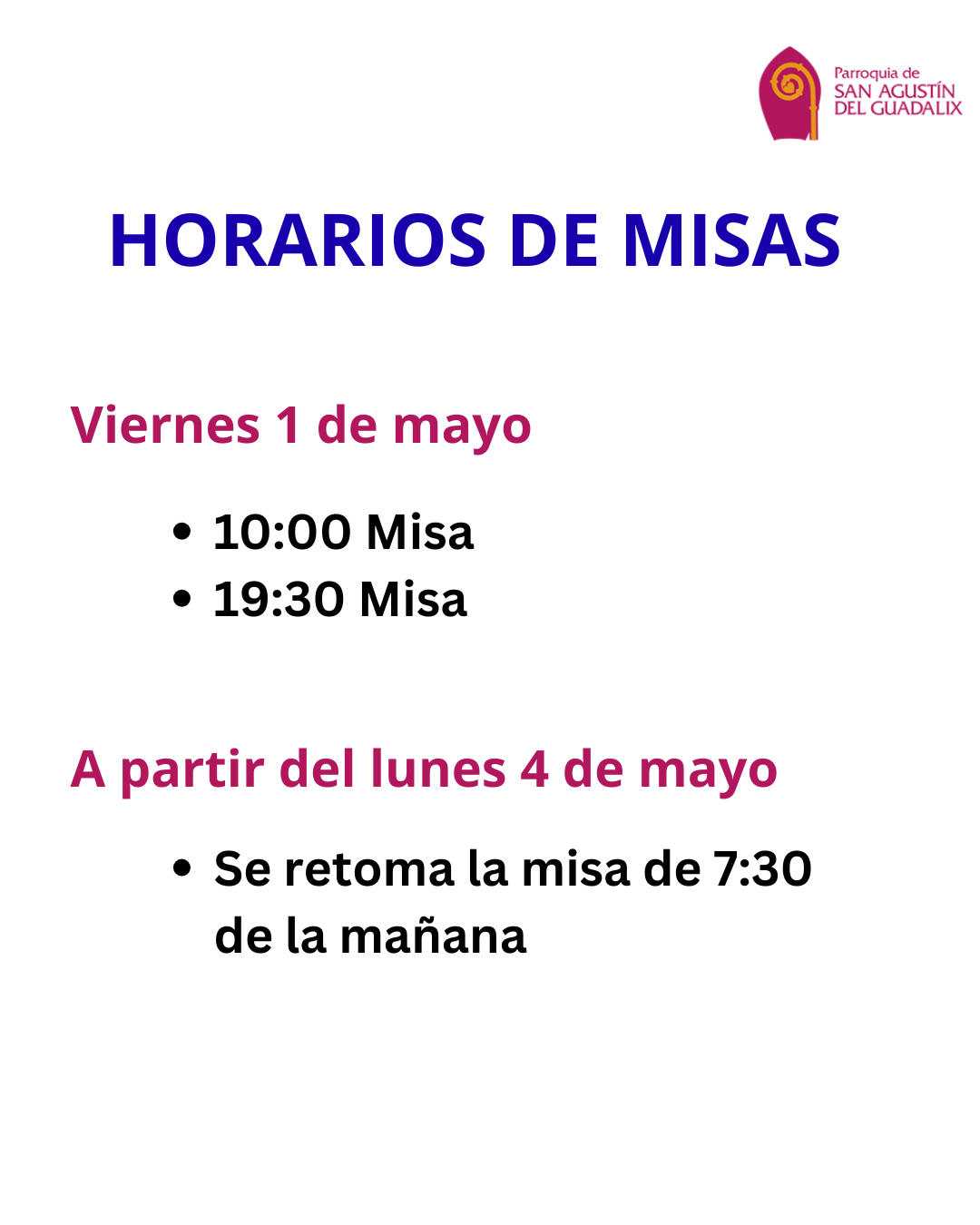 AVISO DE HORARIOS DE MISAS