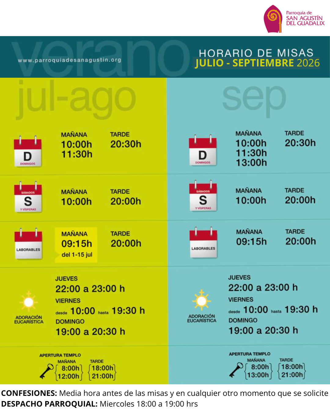 HORARIO DE MISAS DURANTE EL VERANO (JULIO-SEPTIEMBRE)