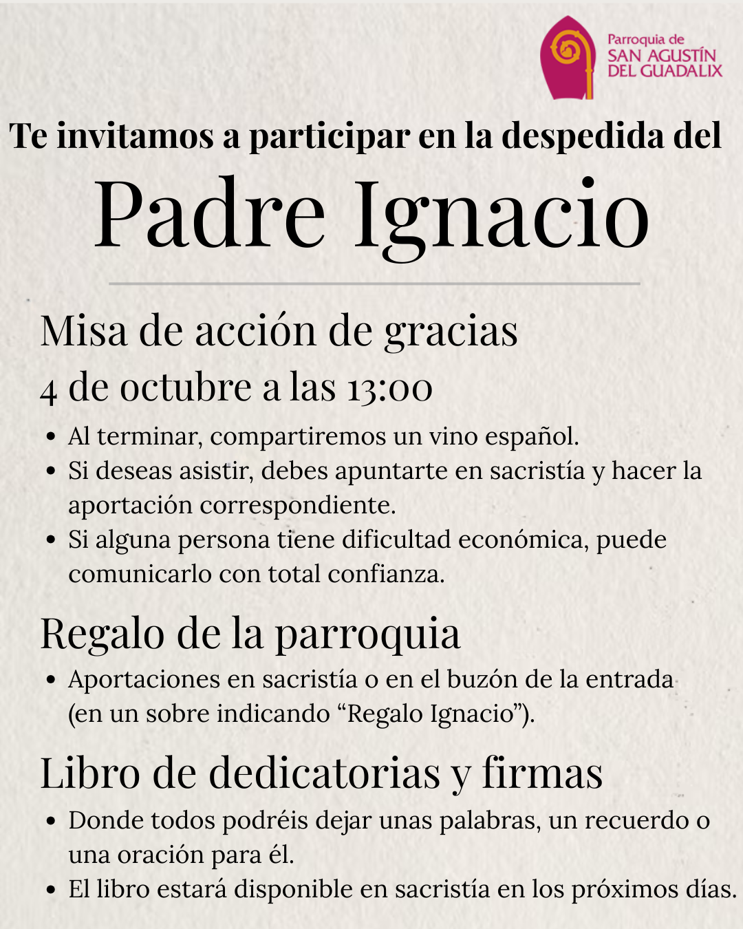 TE INVITAMOS A PARTICIPAR EN LA DESPEDIDA DEL PADRE IGNACIO